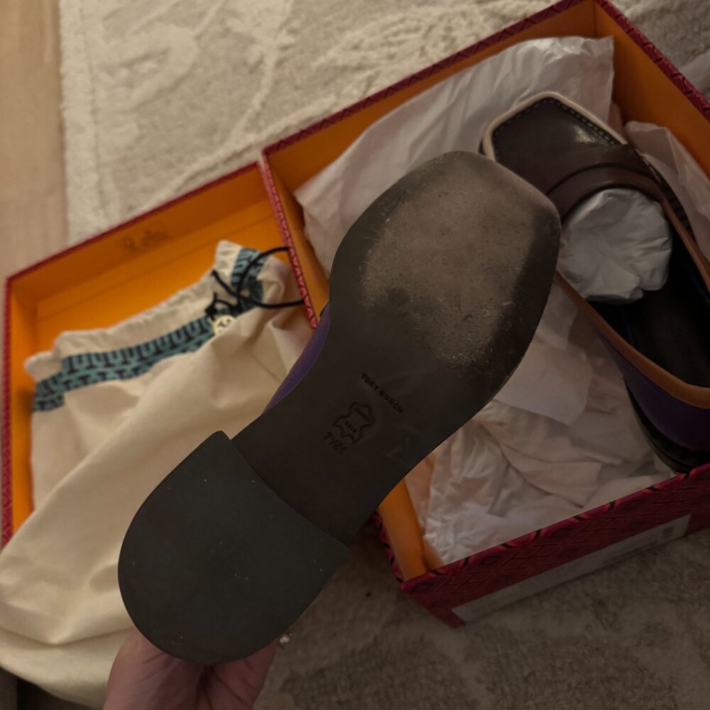 TORY BURCH 70s Square Toe Loafer In Plum/deep Purple/tan Cuoio size 7.5 - Picture 6 of 10